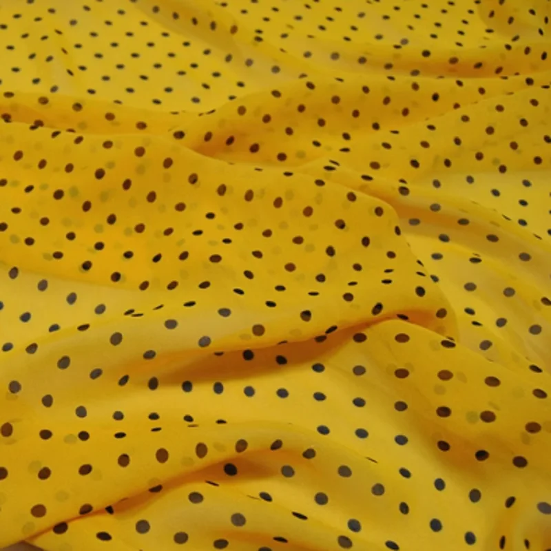 Tecido georgette de seda, estilo clássico, amarelo, design de pontos à terra, material respirável, natural, popular, bom para bom vestido