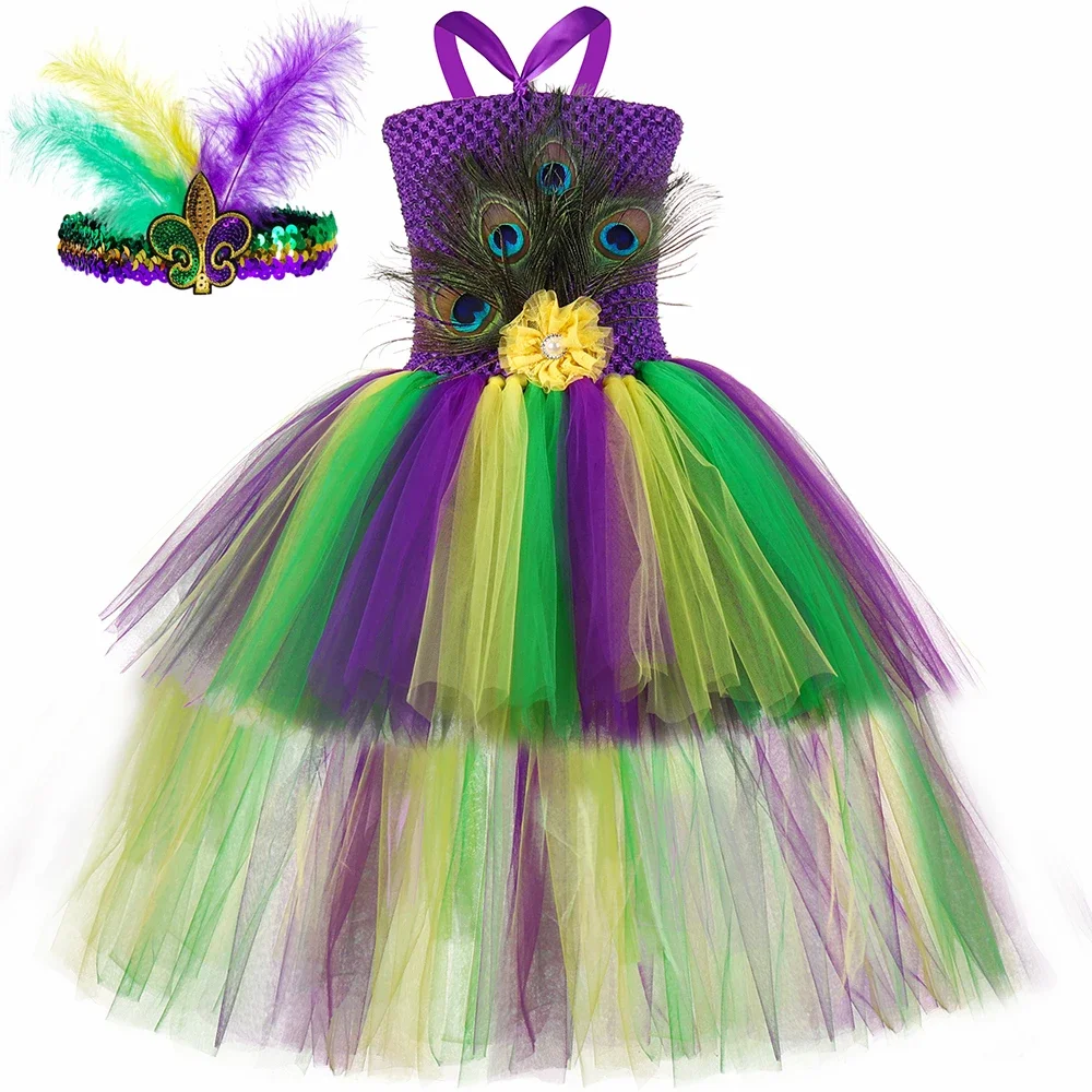 Girls Peacock Costume Kids High Low Flower Feathers Tulle Princess Tutu Dress Girls Halloween Mardi Gras Pageant Party Dresses