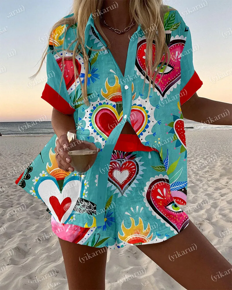 

New Summer Print Beach Holiday Set For Women Fashion Short Sleeve Buttoned Shirt Wide Legs Shorts Oversized Two Piece Set