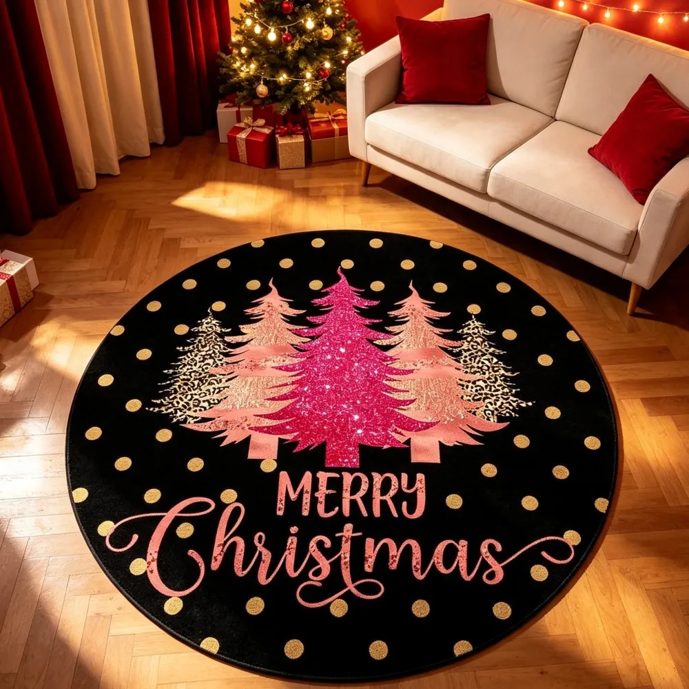 Pink Christmas Tree Round Area Rug Gold Polka Dot Circular Floor Mat Black Holiday Indoor Accent Carpet for Apartment Parlor
