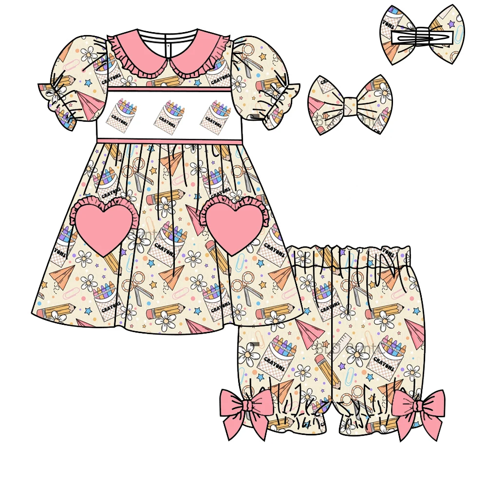 Boutique kid's robe and set lapel ruffled short sleeve dress and shorts Bow accent buttons love pocket back to school print