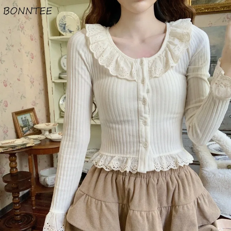 T-shirts Women Ruffled Solid Slim Students Sweet O-neck Preppy-style Knitting Autumn Korean-style Elegant Trendy Leisure Simple