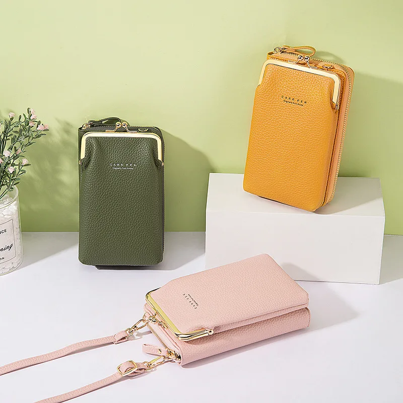 Cross-border new arrivalCarrKenLadies phone bag Korean Fashion Lychee Pattern Solid Color Crossbody Bag Multifunctional Bag