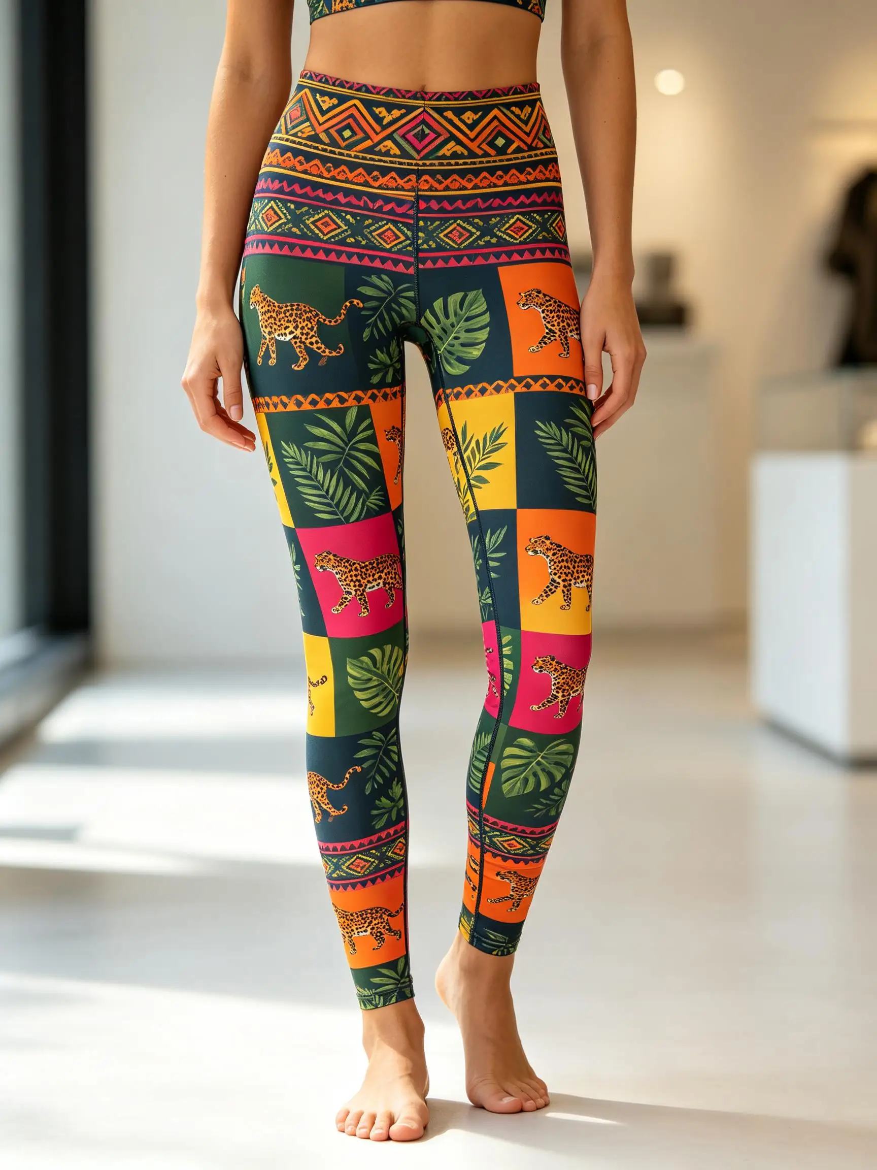 Women Fleece-Lined Mid-Rise Leggings Hummingbird Tropical Leaf Patchwork Print Slim Warm Casual Pants