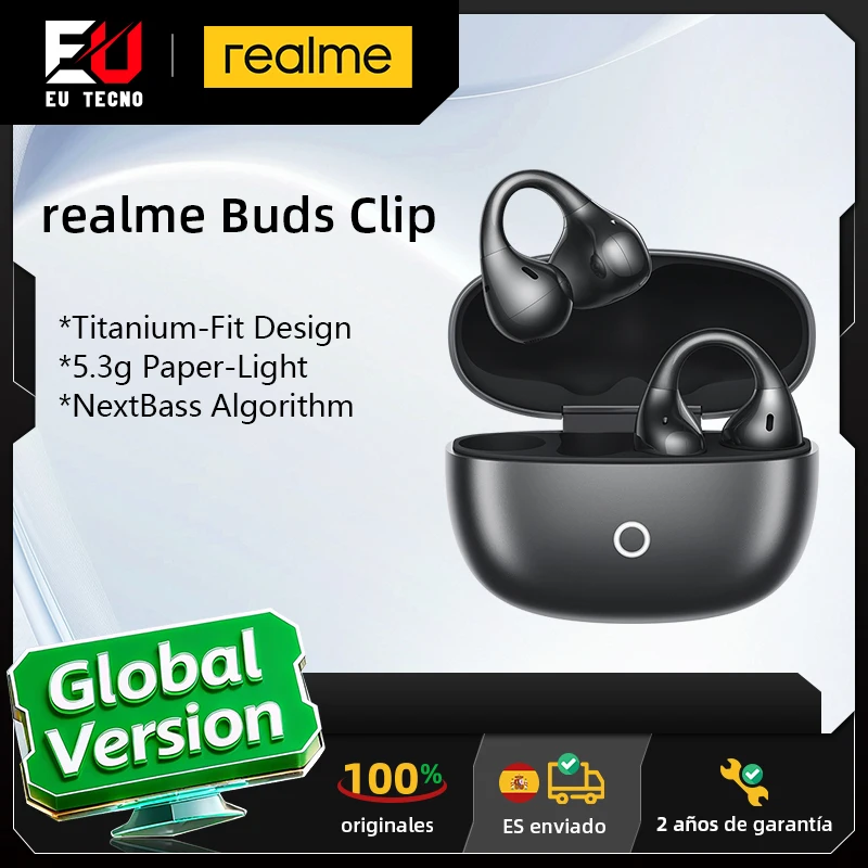 Version Globale realme Buds Clip Écouteurs Design Titanium-Fit 5,3g Ultra-légers Algorithme NextBass Traducteur IA Son Puissant