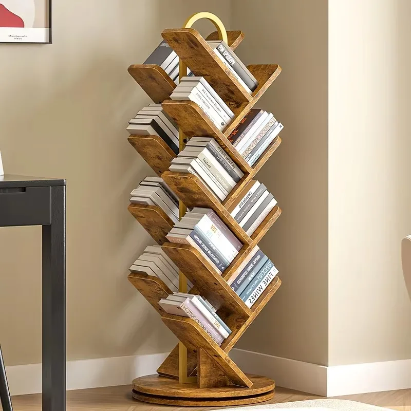 16-Tier Rotating Bookshelf, 360 Degree Spinning Standing Bookcase, Corner Bookcase for Living Room Bedroom Study, Rustic Brown