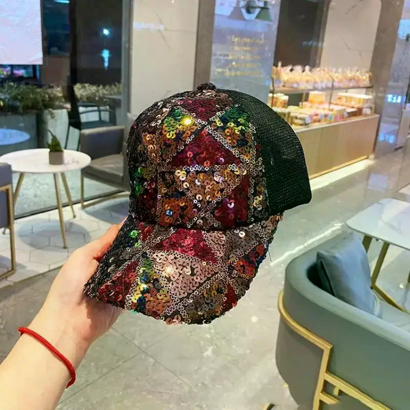 Sequin Baseball Cap Shiny Colorful Breathable Mesh Back Adjustable Size for Summer Beach Outdoor Activities