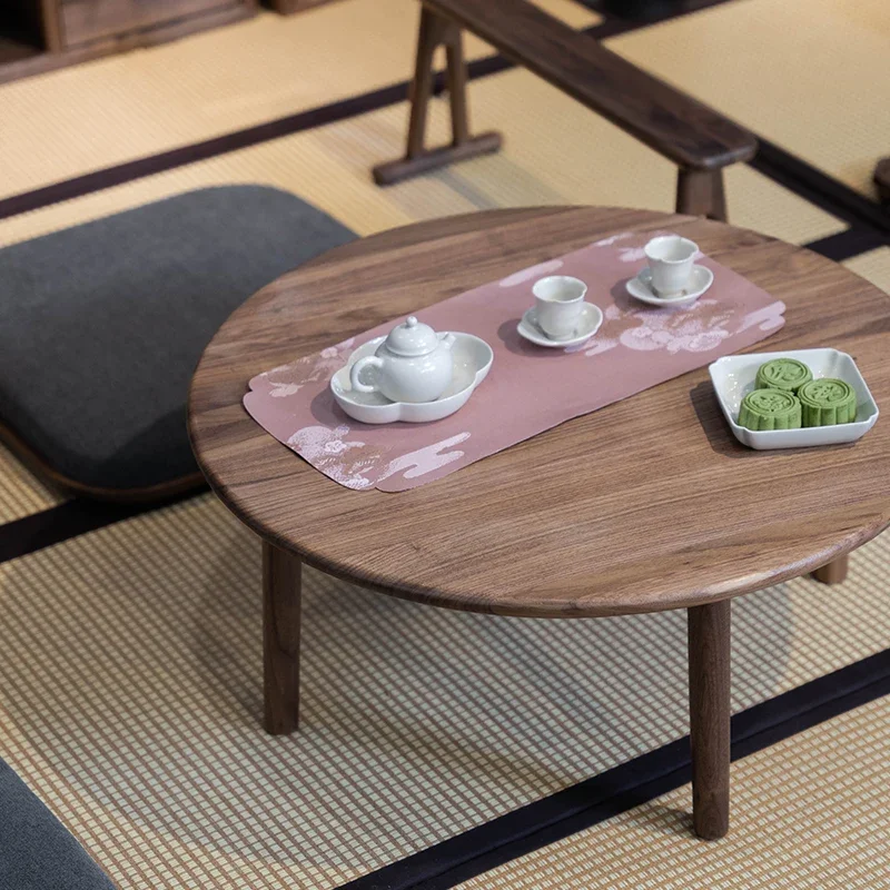 

black walnut round coffee table small table simple solid wood low tea table living room tatami rice tea room