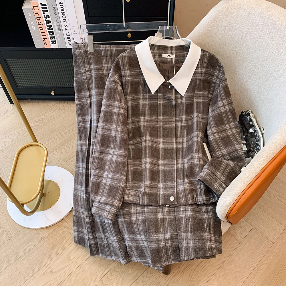 Autumn and Winter Plus Size Women's Tweed Plaid Suit Lapel Loose Casual Jacket A-line High Waisted Skirt Casual Commuter