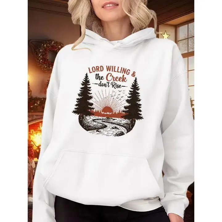 

Vintage Nature Outdoors Hoodie, Lord Willing & the Creek Don't Rise Forest Mountain Sweatshirt for Women, Fall Jumper