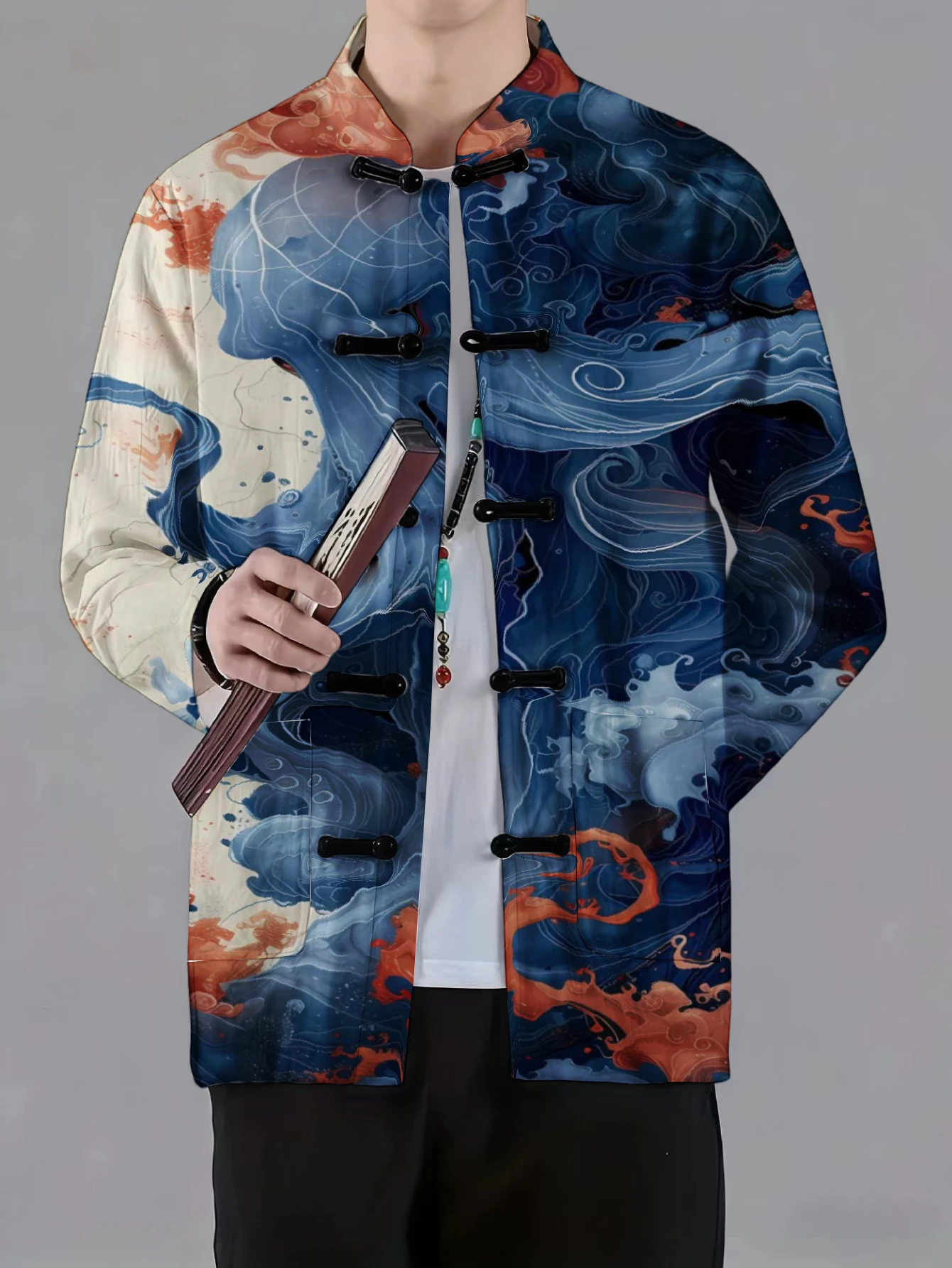 Men Chinese Style Tang Suit Jacket Mandarin Collar Frog Button Ocean Wave Print Long Sleeve Fashion Street Outerwear For Male