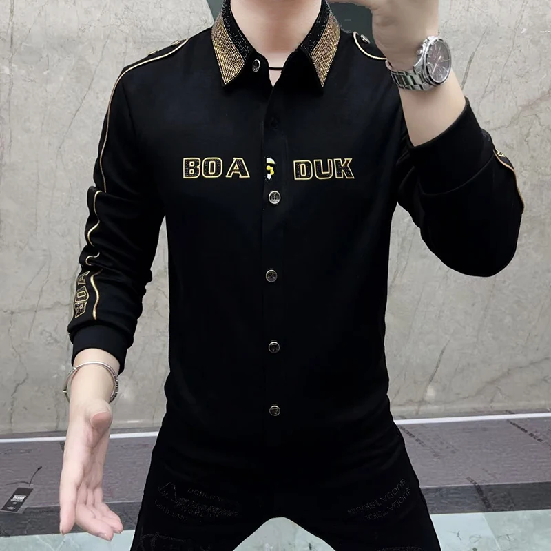 

Autumn Winter Fashion European Version Men's Clothing Turn-down Collar Rhinestone Long Sleeve Camisa Social Masculina Streetwear