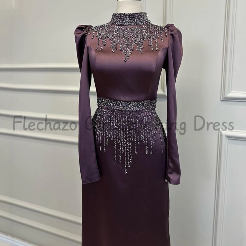 Flechazo Long Sleeves Evening Dress High Neck Beading Applique with Belt Ankle Length Classic Satin Women Gown for Wedding Guest