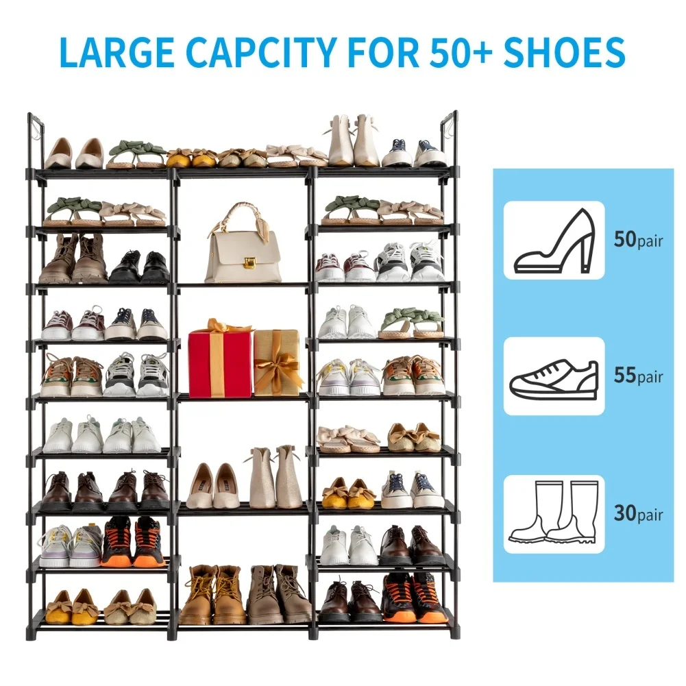 9 Tiers Large Shoe Rack Organizer, Stackable 3 Rows Shoe Cabinet, Shoe Rack Organizer, 50 Pairs Heavy Duty Shoes Shelf Storage