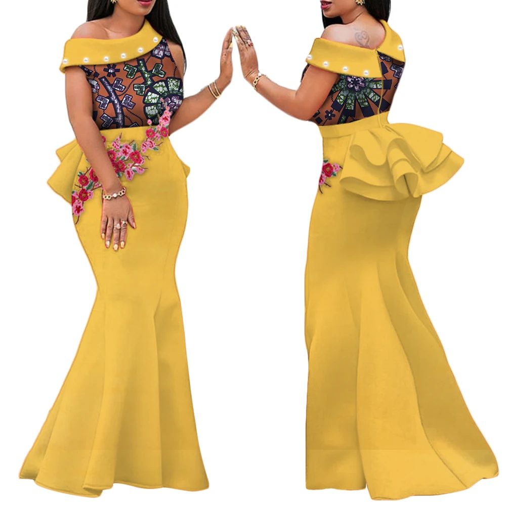 

African Print Dresses for Women Riche Applique Draped Peals Long Dress Party Vestidos Traditional African Lady Clothing WY444
