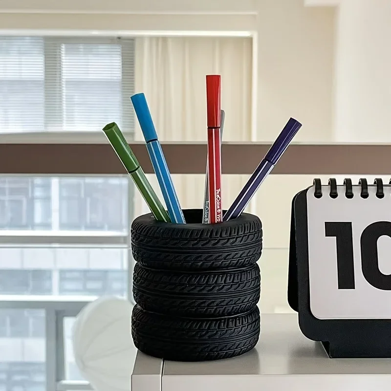 Advanced Creative Tire Shaped Pen Holder Desktop Storage Organizing Artistic Office Supplies Desktop Ornaments Multifunctional