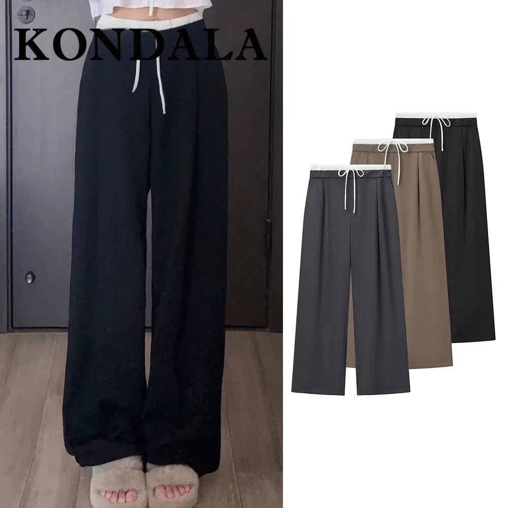 

KONDALA Chic Solid Wide Leg Long Pants Fashion 2025 Autumn Casual Pockets Loose Trousers Drawstring Bow Female Elegant Pants