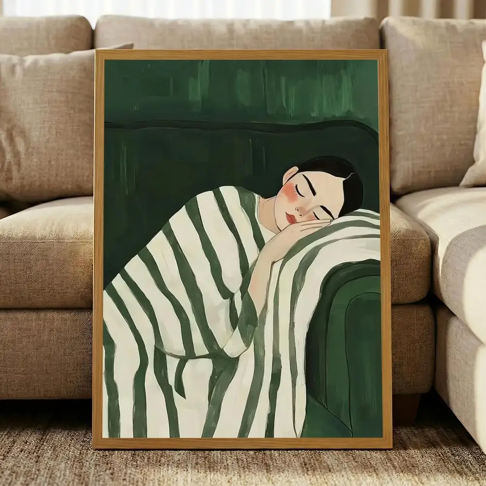 Emerald Green Abstract People HD Wall Art Poster Contemporary Minimalist Stripe Woman Art Living Room Bedroom Home Decor Gift