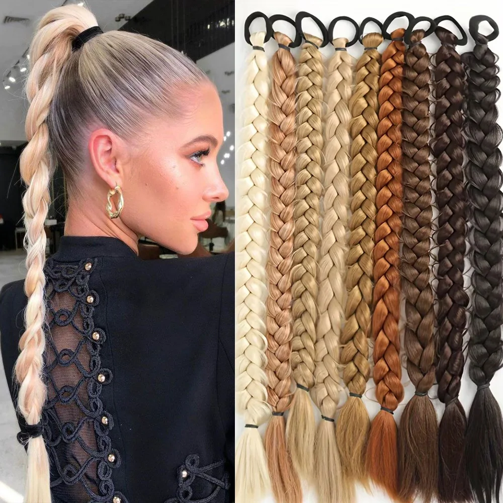 الاصطناعية مضفر ذيل حصان ملحقات مع شريط مرن 24 بوصة العجين المقلي التقلبات جديلة صندوق وصلات شعر مضفرة للنساء