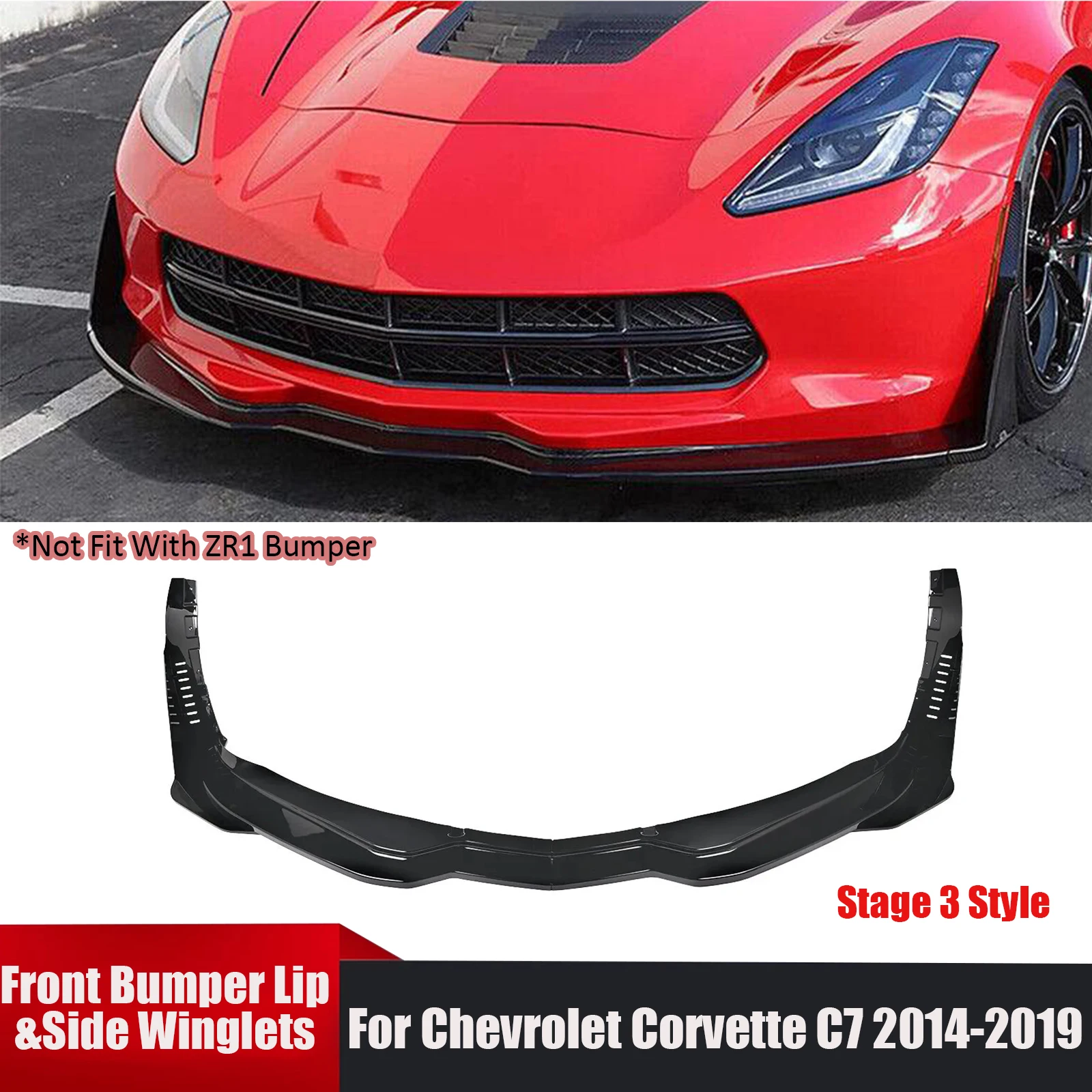 

For 2014-2019 Chevy Corvette C7 Car Front Bumper Lip&Side Winglets Stage 3 Style Spoiler Splitter Carbon Look Glossy Matte Black