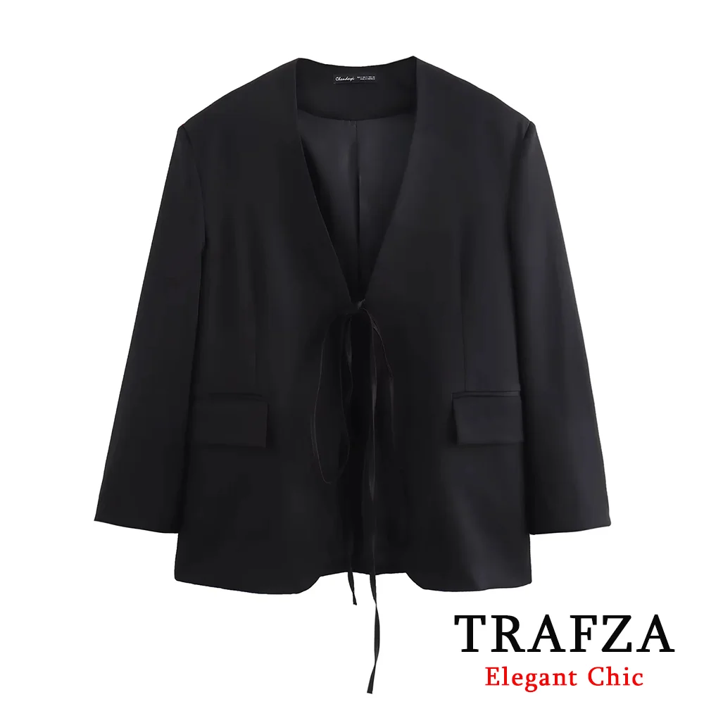 TRAFZA Casual Solid Black Women Blazer Pockets Fashion 2024 Spring Autumn V-Neck Loose-Fitting Bow-Tie Blazer Office Lady Jacket