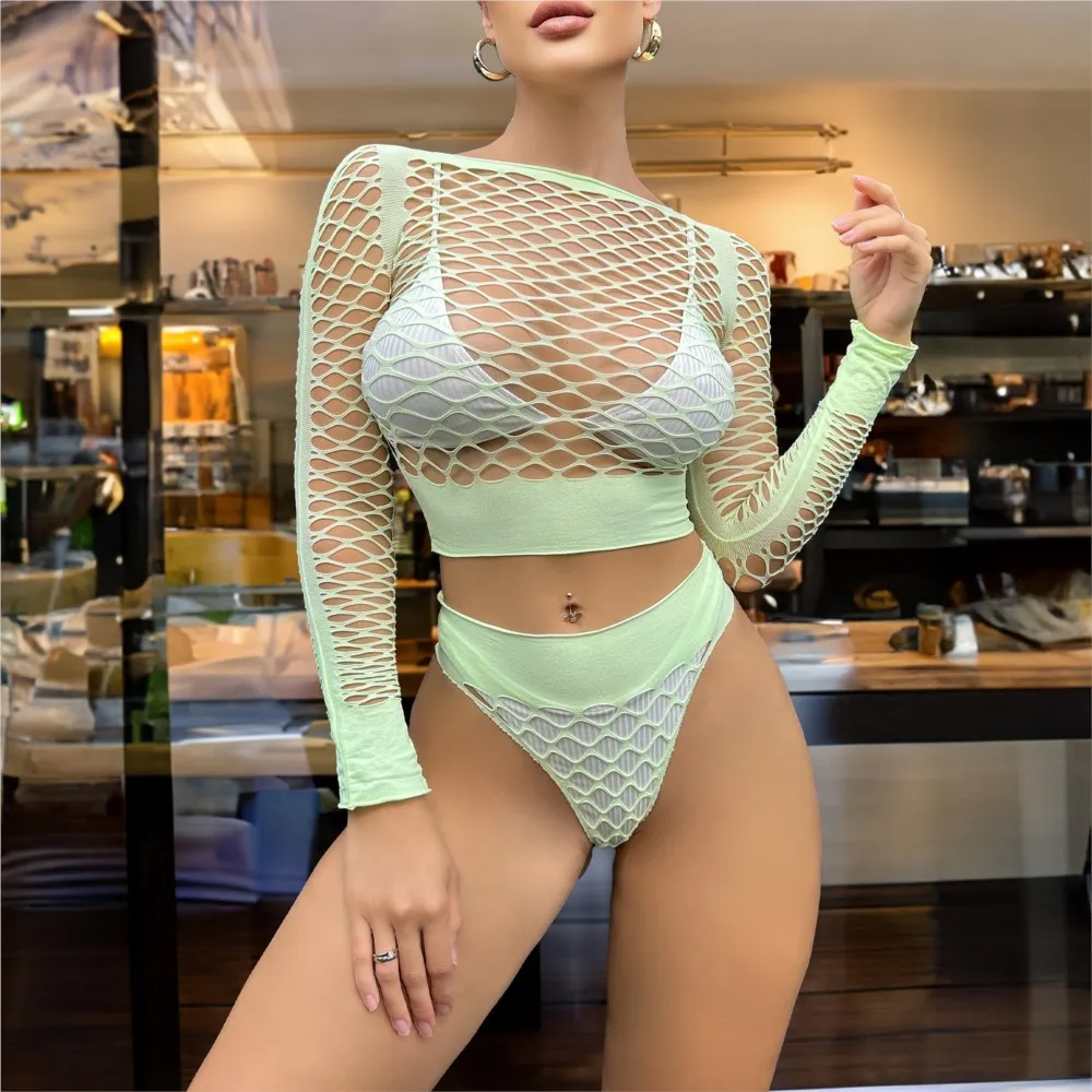 Fluorescent green glow in the dark hollow bikini two-piece set fishing net fun women's hood Beach swimsuits woman 2025 Sex shop - Image 2