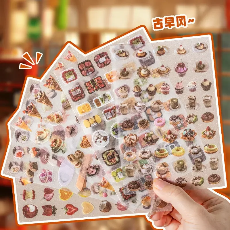 6Pcs/bag Snacks Glitter Sand PET Sticker Book 4Style Waterproof Durable DIY Handbook Calendar Scrapbook Photo Frame Decoration