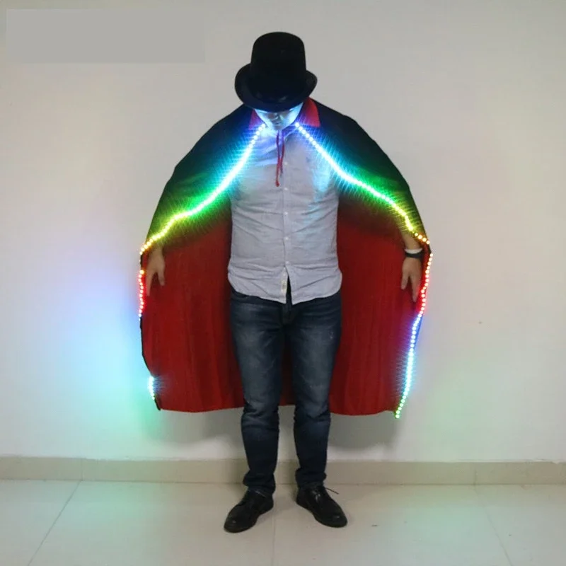 Adult Rainbow Light Up Costume Men LED Black Cloak Magician Stage Show Party Rave Outfit Role Play Clothing Christmas Fancy Wear