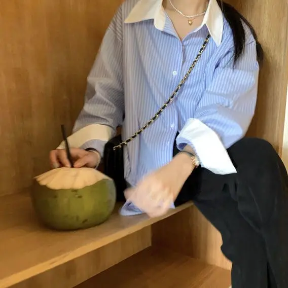 

Женский полосатый цветной топ Blo irt, свободный крой Ele Sle, ранняя осень, новый дизайн, длинный топ свеч Ne High Sensation