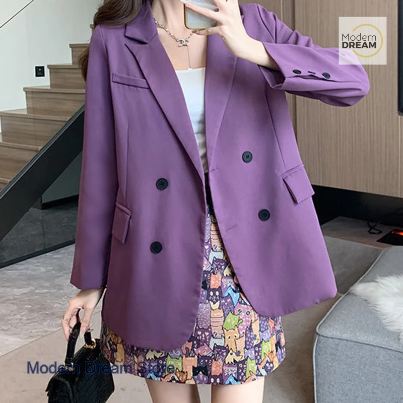 미국식 보라색 패션 정장 스커트 여성 봄 가을 분위기 있는 고급 정장 재킷 프린트 스커트 투피스 정장.