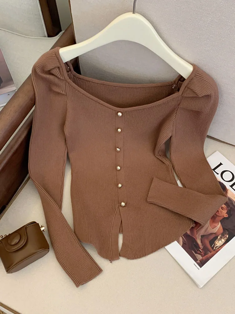 Korean Style Chic Square Collar Knitted Sweater High Quality Women Long Sleeve Slim Tops Autumn 2024 New Button Design Pullover