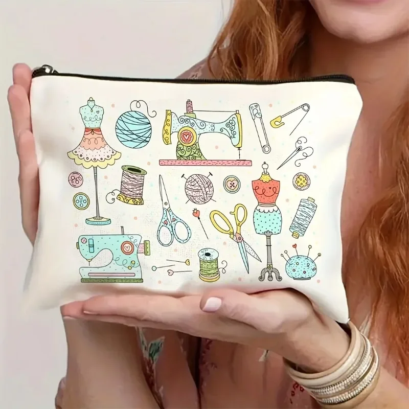 Crochet Sewing Print Makeup Pouch Craft Lover Gift Cosmetic Bag Reusable Toiletry Organizer Bag with Humorous Sewing Design