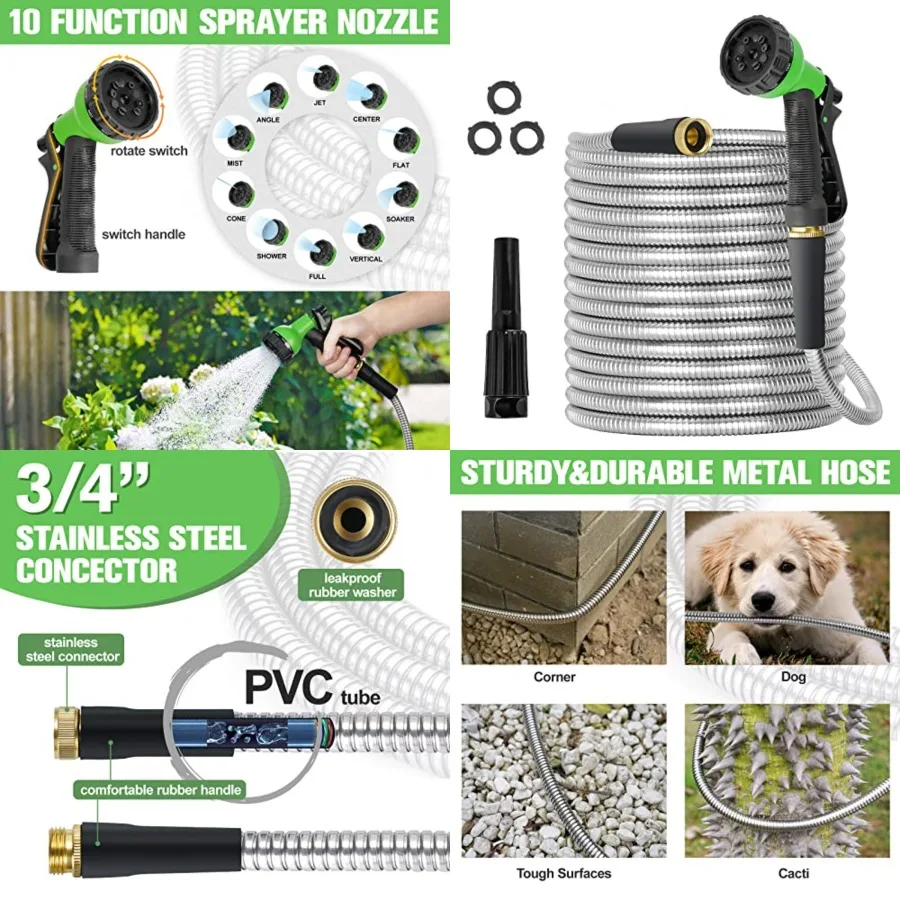 

Garden Hose 100Feet Stainless Steel Water Hose Super Tough Flexible Water Pipe with Brass Fittings and Sprayer Nozzle, No Kink,