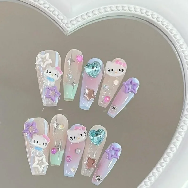 10Pcs/Box Hello Kitty Nail Enhancement Sanrio Cartoon Kawaii Cute Detachable Repeated Use False Nails Gifts Festival Gifts