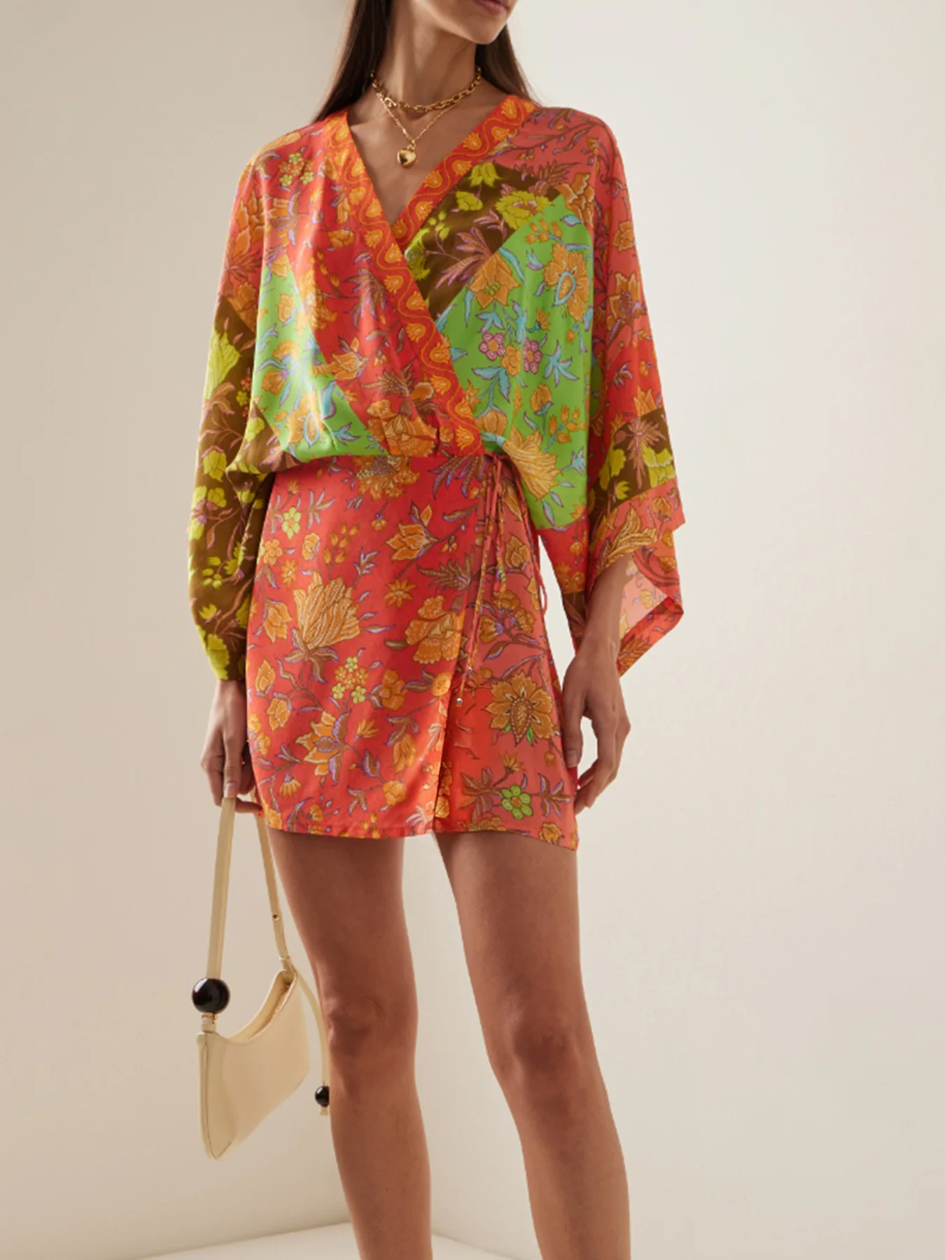 Böhmisches Farbblock-Paisley-Print Kimono-Wickelkleid für Damen V-Ausschnitt 3/4 Ärmel Strandkleid Lässige Kurze Kleider Sommer 202 – Detail 2