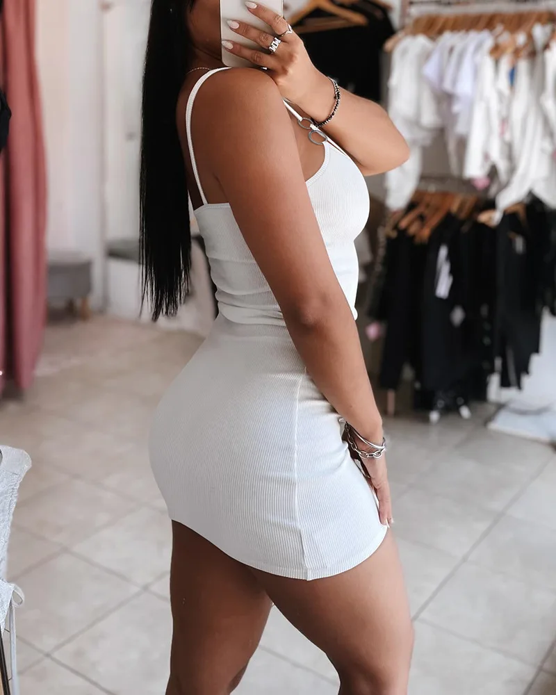 Women Sexy Spaghetti Strap Metal Ring Decor Ribbed Bodycon Dress Sexy Hollo Out Mini Dress