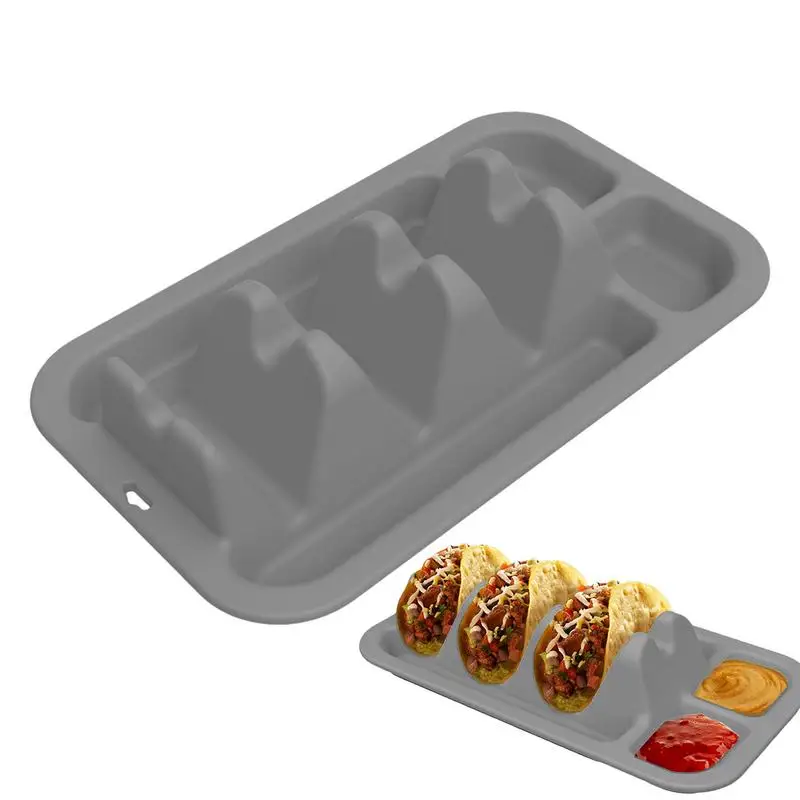 

Taco Stand Taco Serving Plate With 3 Dividers Silicone Reusable Non-Slip Food Dish With 2 Condiment Compartments For Adults Kids