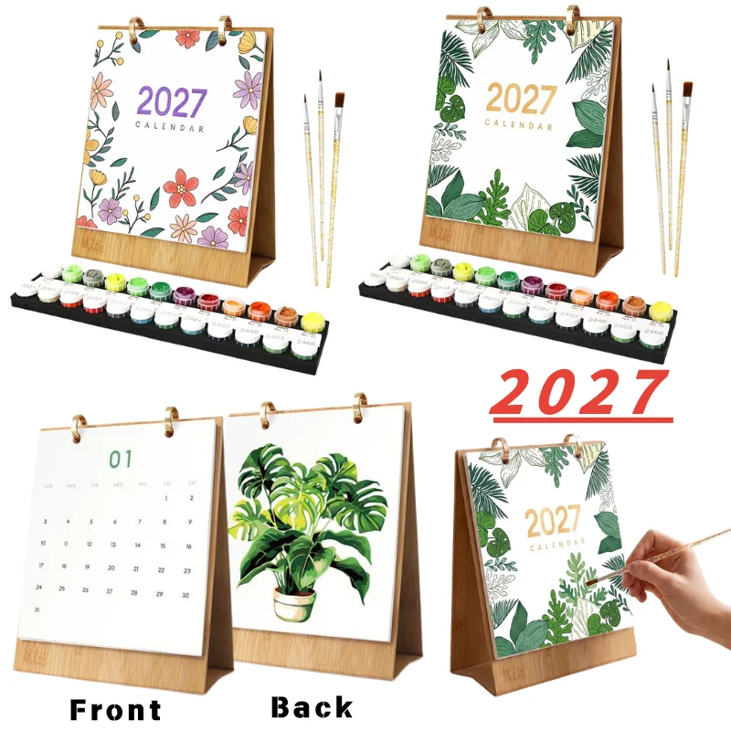 2027 Wooden Stand DIY Painting Table Calendar Watercolor Paint Brush Kit Handmade Monthly Desk Planner Home Office Decor Gift