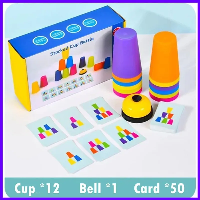 Montessori Early Learning Toy Stacking Cups Game with Logic Cards Color Matching Brain Activity Gift for Boys Girls Kids