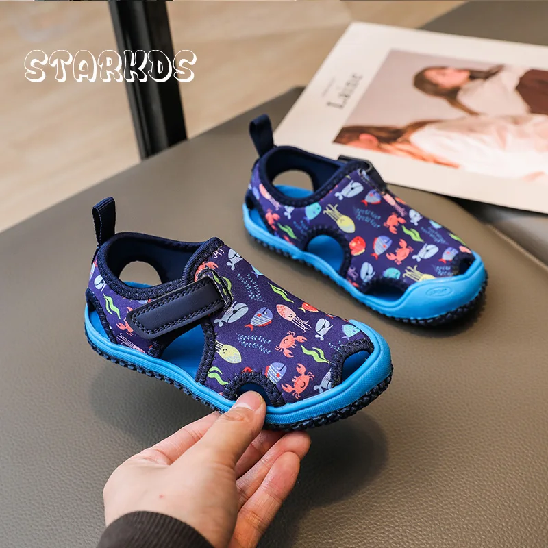 2023 Summer New Anti-Slip Sport Sandals Boys Cartoon Shark Beach Sandalias Girls Breathable Flamingo Print Hollow Out Flat Shoes