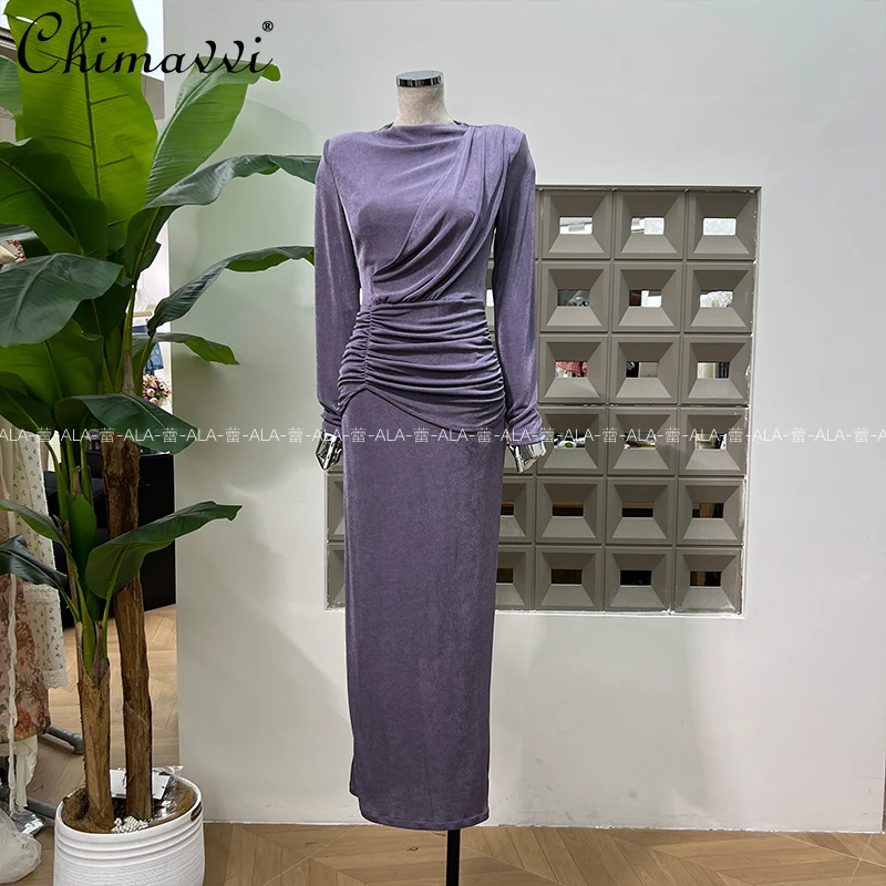 

Французские элегантные светские вечерние платья с круглым вырезом и длинными рукавами, плиссированные, с высокой талией, тонкое длинное платье трапециевидной формы для женщин, осень