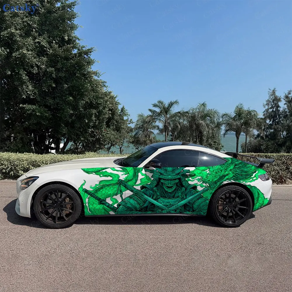 

2pcs Skeleton Samurai Green Dragon Car Side Wraps, Self-Adhesive PVC Waterproof & Scratch-Resistant Stickers, Car Accessory Gift