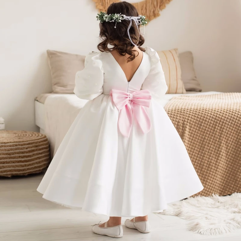 Robes de demoiselle d'honneur personnalisées, satin blanc, perles de tulle avec nœud, demi-manches pour mariage, anniversaire, banquet, sainte cène, quoi que ce soit