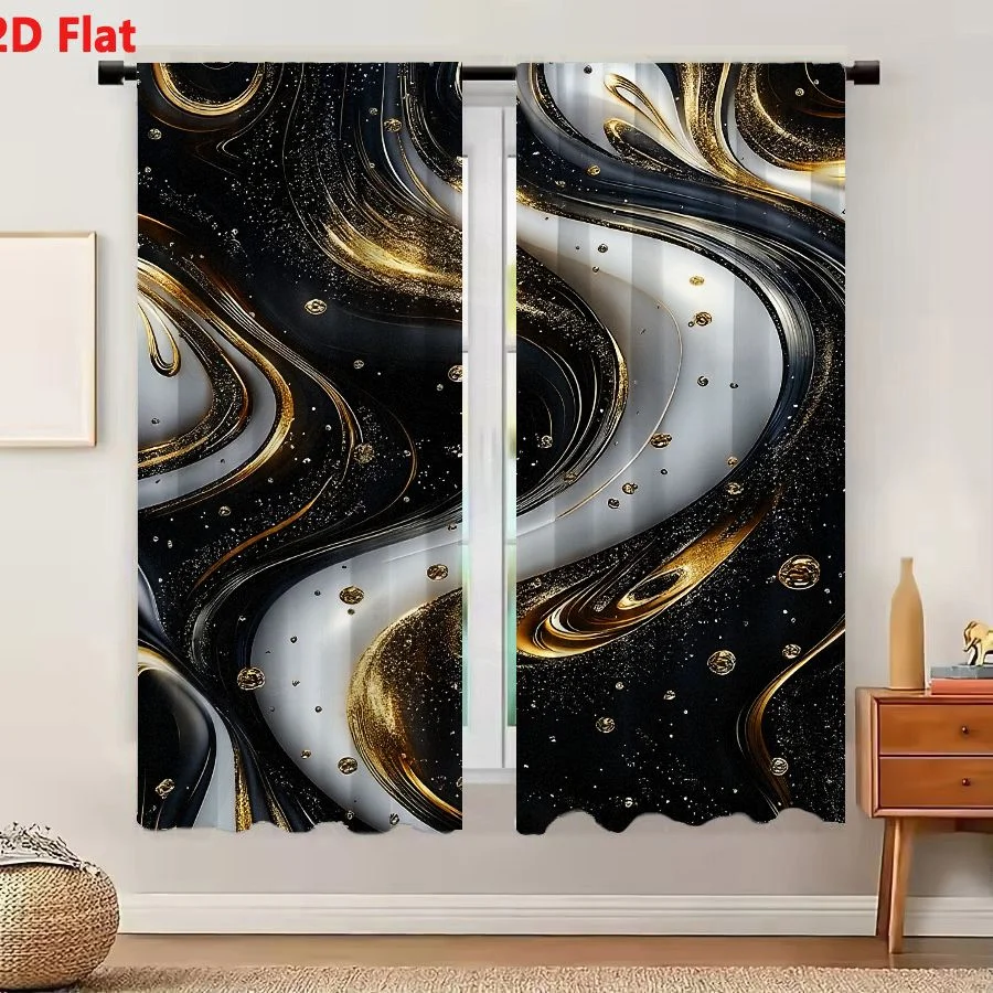 2Pcs Curtains Add 2D Flat Abstract Fluid Design Swirling Patterns Black White Metallic Gold Glossy Reflective Luxury Modern Wind