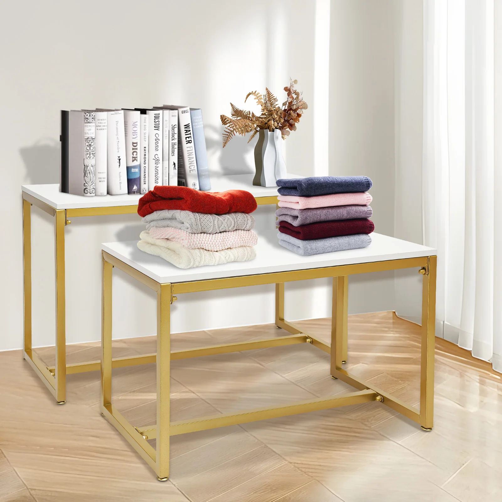 

Metal Shoe Handbag Display Shelves, 2 Piece Set Display Riser Shelf for Retail Stores, Steel Pipe and Melamine Board, Gold