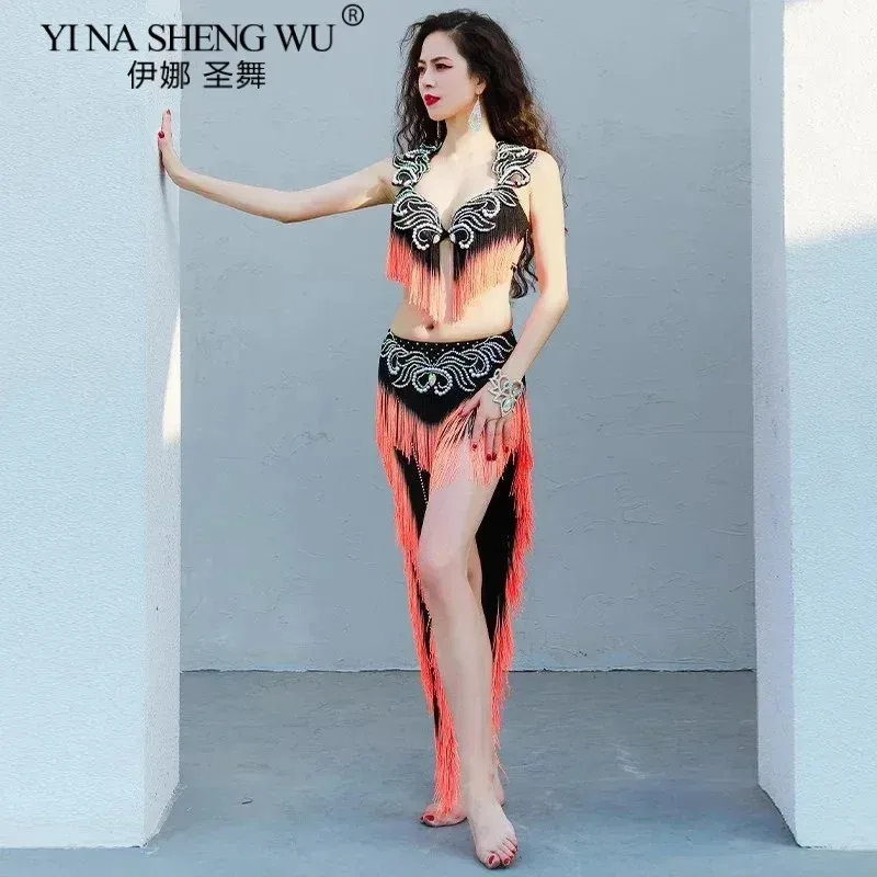 Opening Dance Women Belly Dance Costume Oriental Beaded Bra + Irregular Skirt Fringes Professional Drum Solo Performance Outfit