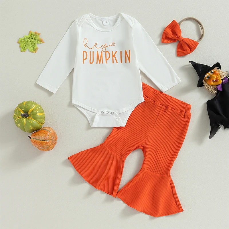 

BeQeuewll Baby Girl Cute leisure time Fall Outfits Long Sleeve Romper + Bell Bottoms + Bow Headband Set Halloween Clothes