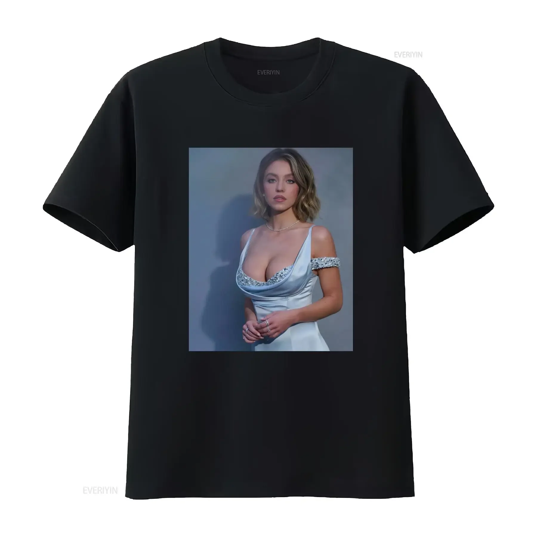 Von Sydney Sweeney inspiriertes T-Shirt, modischer Promi-Print für Damen, stilvoll und trendig, Vintage-Waschung, Unisex-Streetwear
