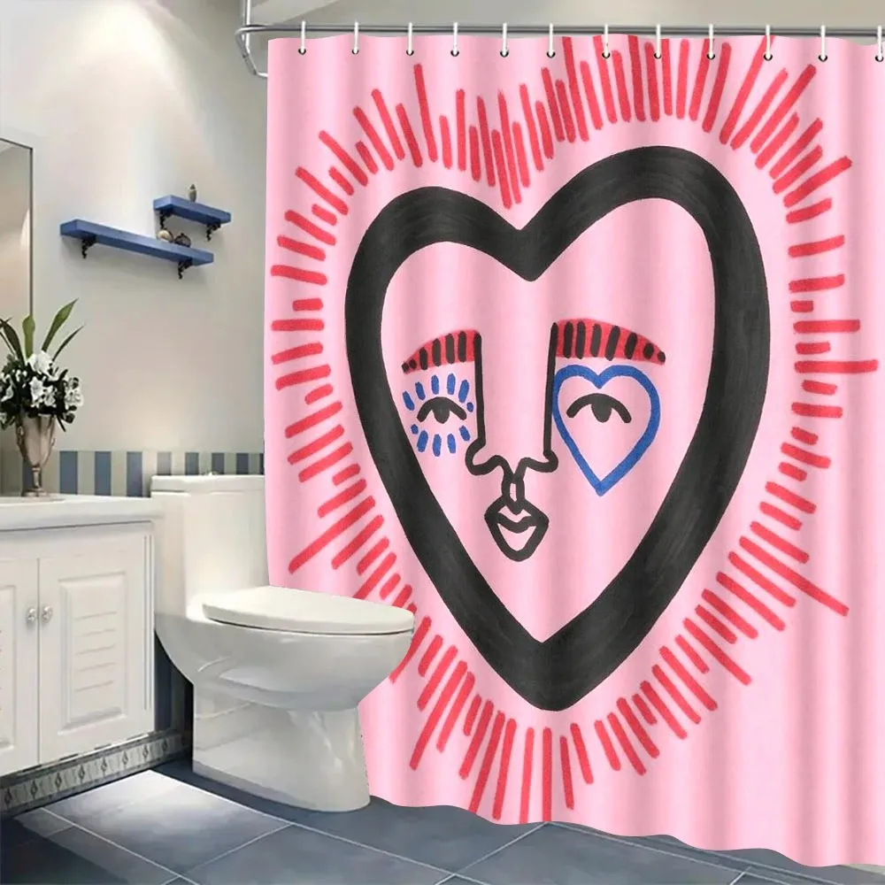 Whimsical Heart-Face Shower Curtain Light Pink with Sunburst & Smiling Hearts, Romantic Valentine’s Decor, Includes 12 Hooks