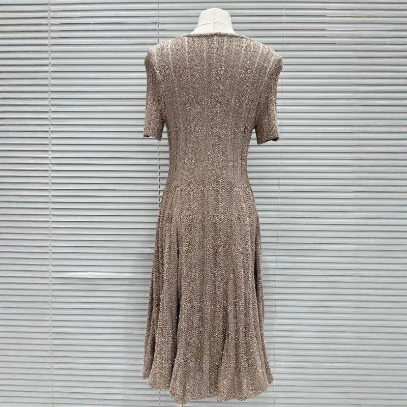 CHUJIE 2025 Vestido de malha da moda verão – Vestido elegante slim fit de manga curta com gola redonda e enfeite de lantejoulas